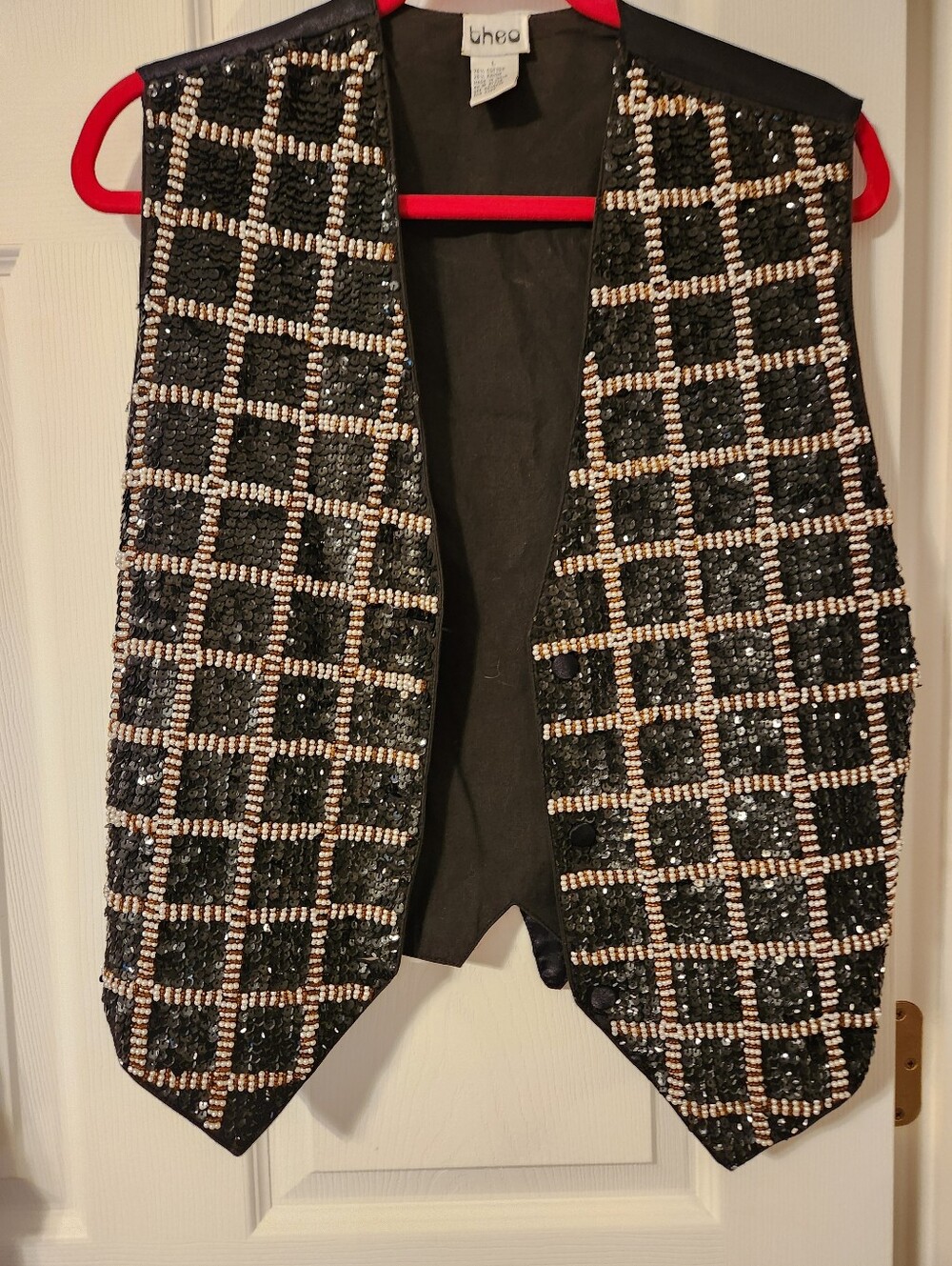 theo, Black Sequin Grid Vest with Silver Beading, sz L